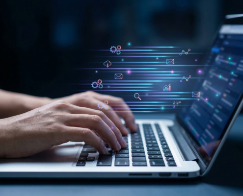 Person Typing On A Laptop With Data Streams And Digital Icons